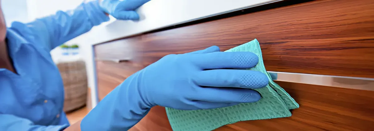 Cleaner wearing blue gloves wiping a wooden cabinet drawer with a microfiber cloth for dust and grime removal, Nashville, TN.