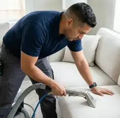 Professional upholstery cleaning technician using an extraction wand to deep-clean a fabric sofa, Nashville, TN.